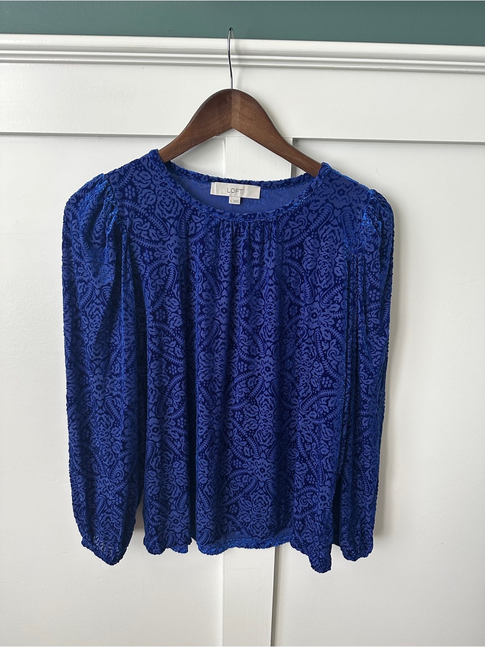 LOFT Cobalt Blue Textured Paisley Long Sleeve Blouse